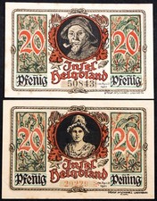 HELGOLAND 1921  Fisherman, Girl  2x20 Pfennig German Notgeld Heligoland