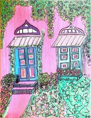 Whimsical Pink Cottage Door  Original Acrylic Cat Garden Art 11x14