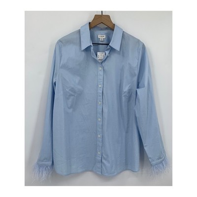 J Crew Shirt Womens XL Blue Button Feather Trim Cotton Stretch Lightweight NEW