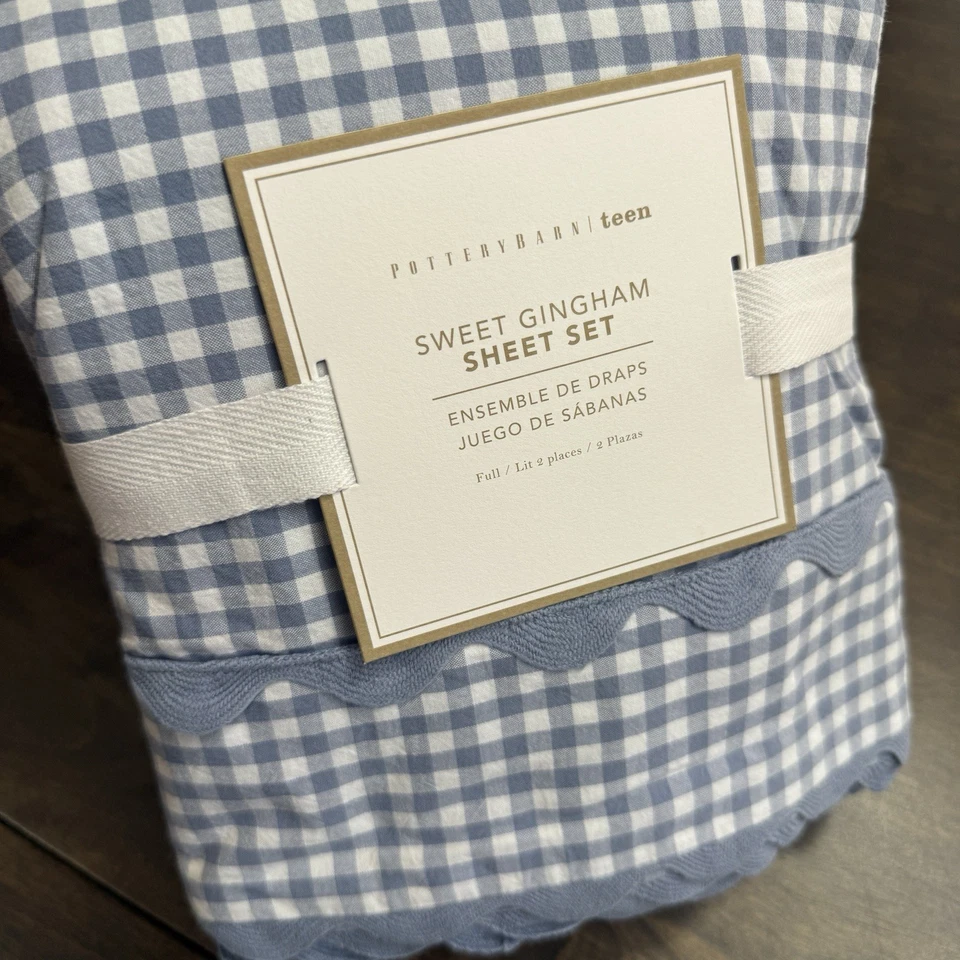 JUEGO DE SÁBANAS DE ALGODÓN POTTERY BARN TEEN SWEET GINGHAM, COMPLETO ~ BLANCO/CAMBRAY CUADROS Foto 2 de 4