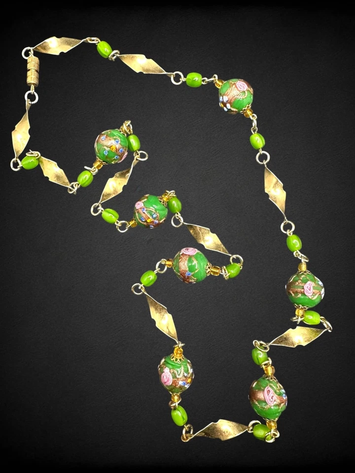 Vintage Green Wedding Cake Murano Style Art Glass 15mm Bead Brass Necklace 31” - Image 2 of 4