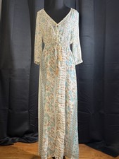 Vicabo Floral Kimono Duster L Boho Button Front Tassel Lightweight Cream Blue