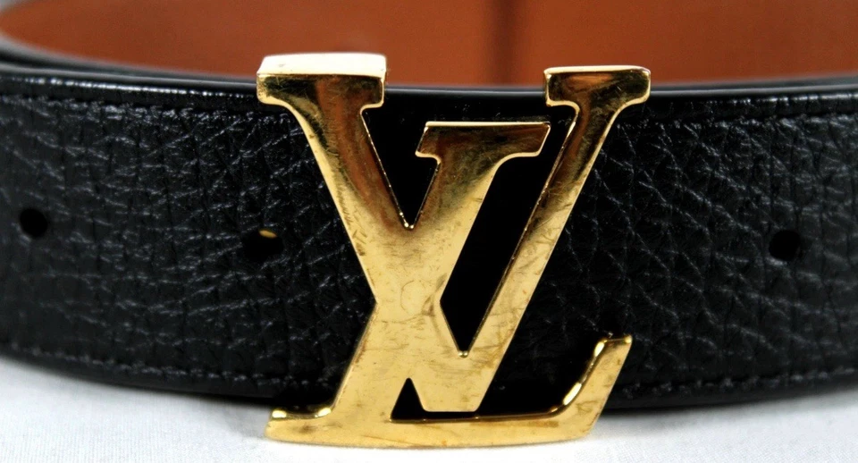 G2U LOUIS VUITTON Black  Brown Leather Gold LV Logo Buckle Reversible Belt 90 36 - Image 3 of 4