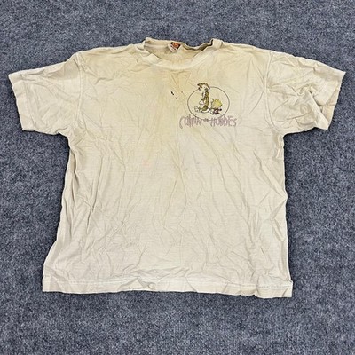 X-O-X T-Shirt Mens Size L Beige Calvin and Hobbes Cotton Graphic Distressed Rip