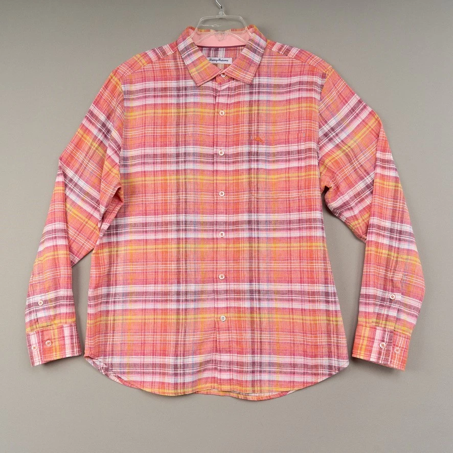 Tommy Bahama Linen Shirt Mens L Orange Plaid Long Sleeve Button-Up