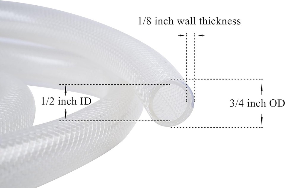 1/2" ID x 3/4" OD 25 Ft High Pressure Braided Clear PVC Vinyl Tubing