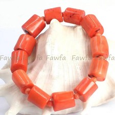 Natural Orange Red Coral Irregular Barrel Tube Gemstone Beads Bracelet 7.5-8 in
