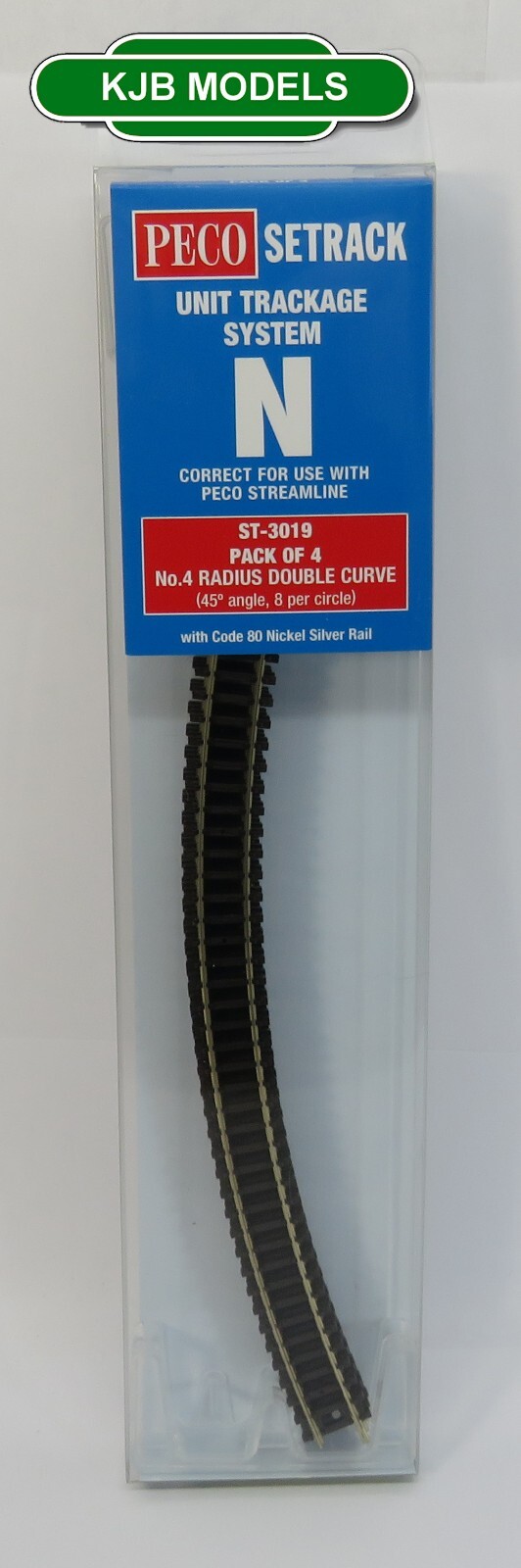 PECO ST-3019 Double Curve, 4th Rad Pack of 4 ST-19 SETRACK Code 80 N Gauge Track