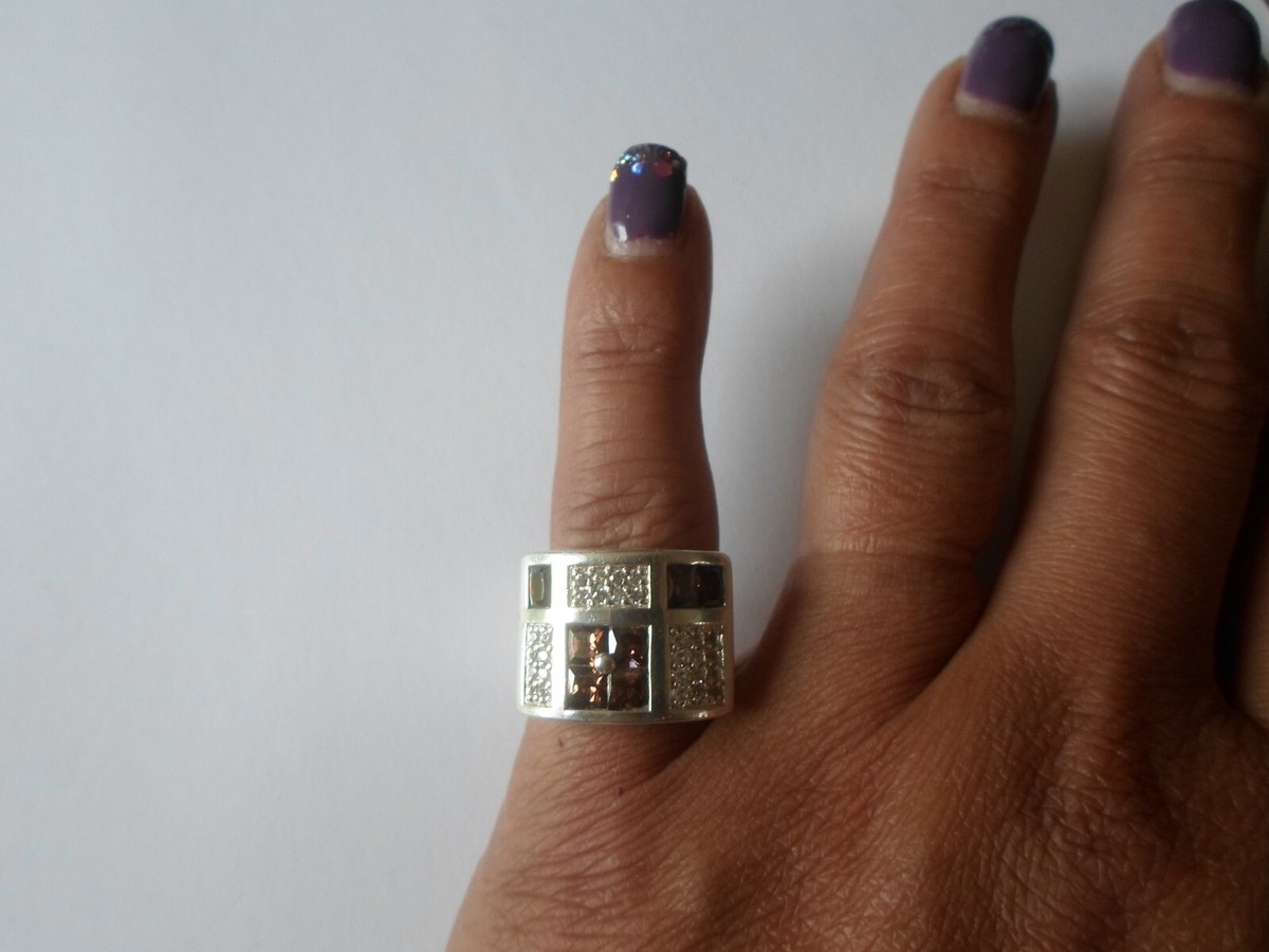 Bague Chevalière Argent Massif - Quartz Fumé Et Zirconiums - Taille 52 - Occasion