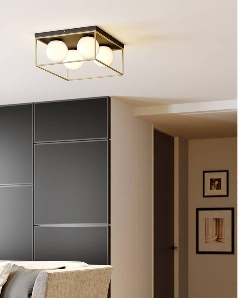 Lampadario Plafoniera 4 Sfere Vetro Bianco Bronzo Nero Retro Design