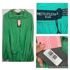 Pretty Little Thing Green Texture Gathered Long Sleeve Shirt Dress Size..18