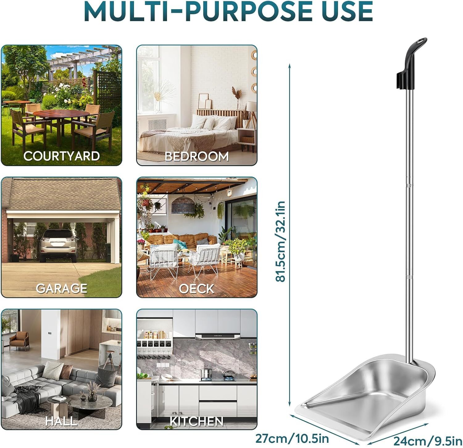 Dust Pans with Long Handle - 35”Heavy Duty Metal Upright Stand up Dustpan - Long