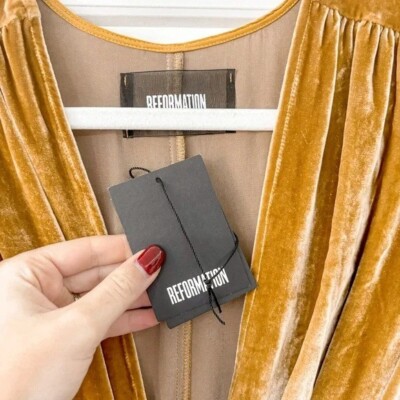 NWT $278 Reformation Miller Dress Gold Midi Velvet Wrap Tie Wrap V Slit  Puff XS | eBay