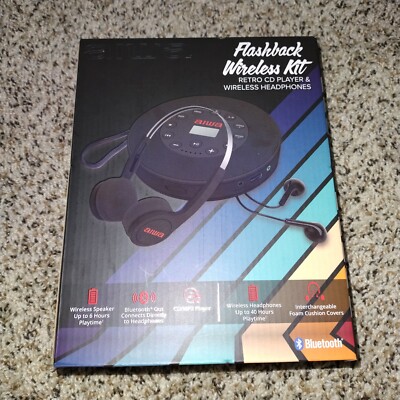 Aiwa Rechargeable CD/MP3 Player with Ear Buds Wireless Bluetooth Headphones New