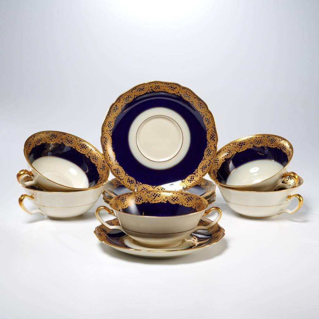 Hutschenreuther Cobalt Blue Gold Lace Filigree Cream Soup Bowl