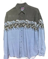 Vintage Roper Shirt Mens Scenic Western Blue Pearl Snap Horse All Over Print L