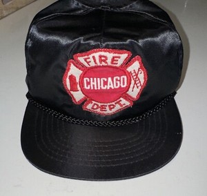 VTG CHICAGO FIRE DEPARTMENT PATCH BLACK SATIN ADJUSTABLE  TRUCKER CAP  HAT EUC