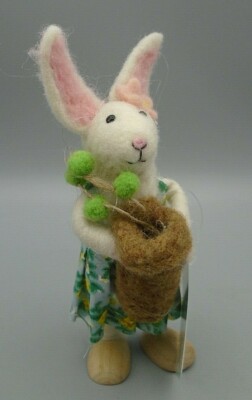 World Market Felted Wool White Bunny Rabbit with Cactus & Wood Shoes 6''