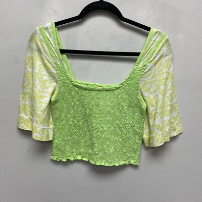 Free People Womens Key Lime Combo Marigold Mix Print Smocked Bodice Crop Top M