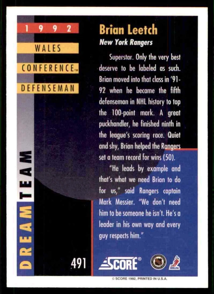 1992-93 Score Brian Leetch #491 - Image 2 of 2