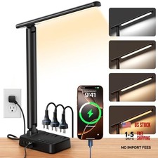 LED Desk Lamp with Power Strip, 3 AC Outlets  4 USB Ports 2 USB-C , Stepless