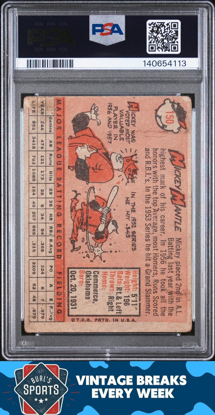 1958 Topps #150 Mickey Mantle PSA 1 view 2