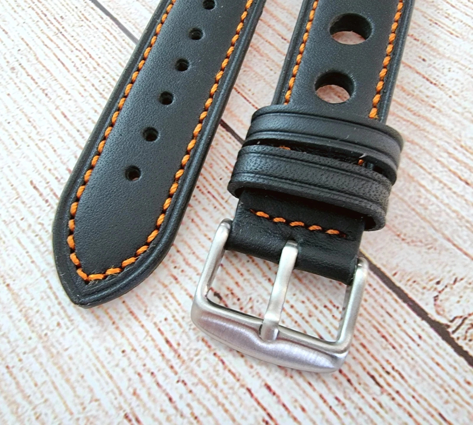 Premium Leather Watch Strap Band Rally Racing 18mm 20mm 22mm 24mm Black Orange