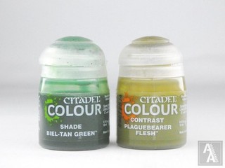 (2616) 2x Citadel Shade Beil Tan Green & Contrast Plaguebeaerer Flesh Pots Tools