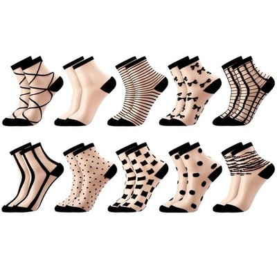 6/10 Pairs Sheer Socks Striped Plaid Mesh Dot Bow See Through Clear PC