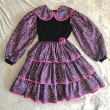 VTG Martha  s Miniatures Ruffle Dress Girls 10 Black Pink 90s Paisley Tiered