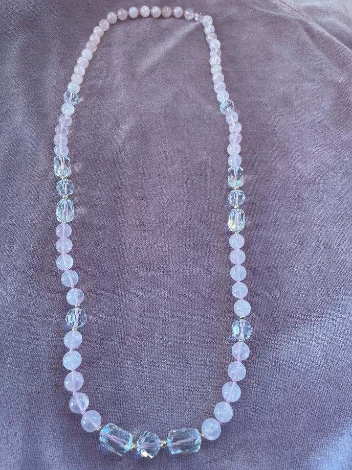 Vintage Beautiful Pink Rose Quartz and Clear Faceted Crystal Beads 34" Long  - Image 2 of 4