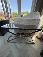 Rectangular Console Table Glass/Wood Top Polished Metal Base 132x41x77cm