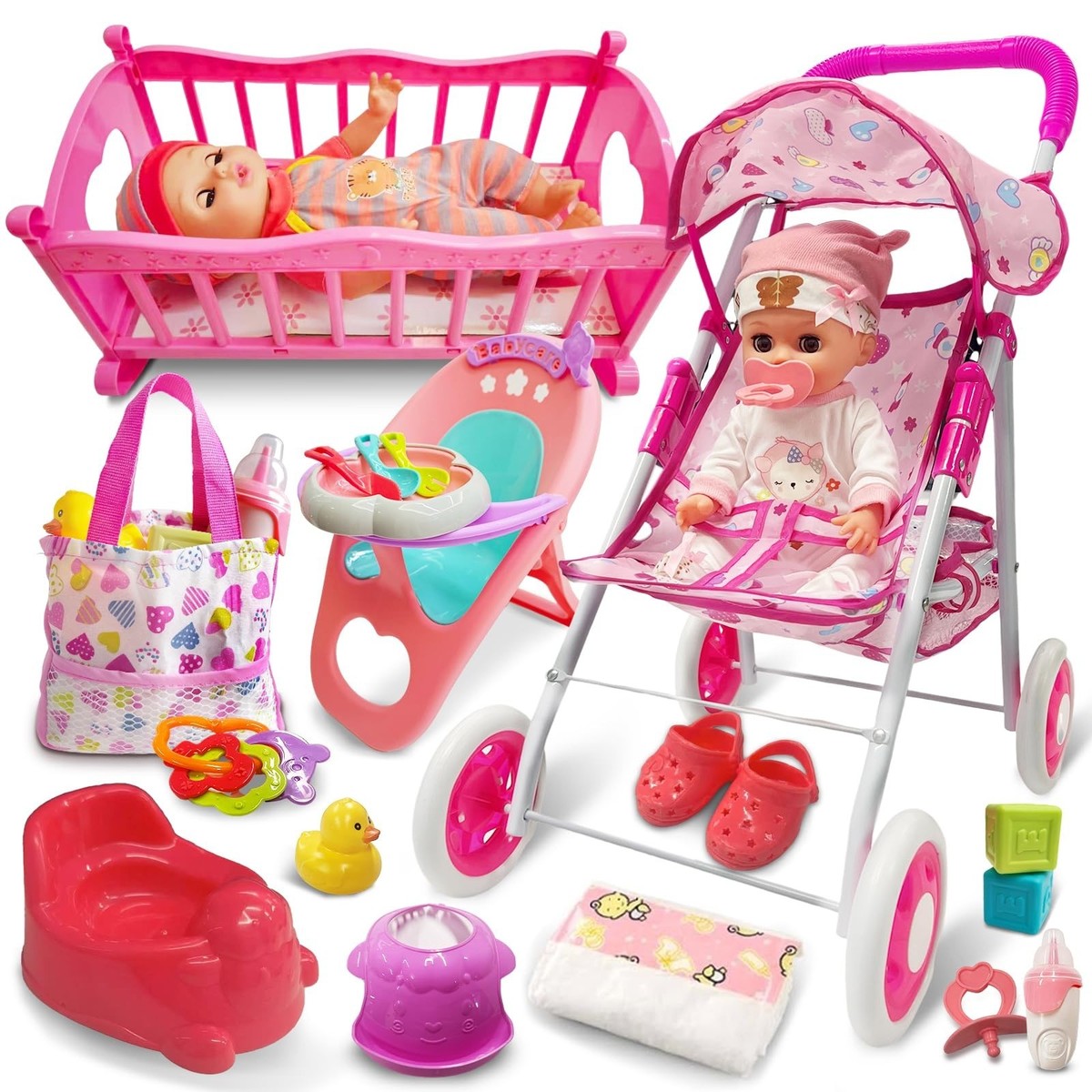 PLAYFULBAY Baby Doll Set Toys - 29PCS Playset with Dining Chair, Crib & Accessories for Girls Ages 3 for Pretend Play