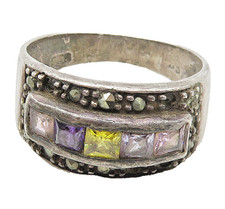 925 Sterling Silver Vintage Multi Color Topaz  Marcasite Band Ring Sz 7 RG17966