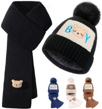 2Pcs Kids Winter Hat Scarf Set, Warm Fleece Lining Winter Hats with Pom knit