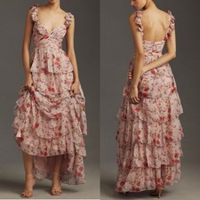 Ieena For Mac Duggal Ruffle Sleeveless Tiered Maxi Dress Pink Floral Size 14