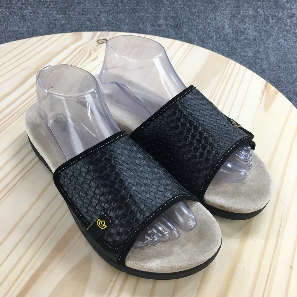 Sandalias Spenco para mujer 9,5B deslizables de cuero negro patrón de canasta sin cordones NL4265-191 Foto 3 de 4