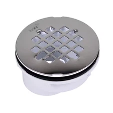 Round Offset White PVC Shower Drain with 4-1/4 In. round Snap-In Stainless Steel