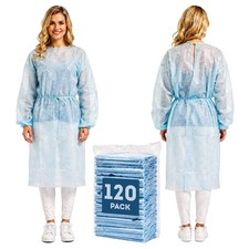 Blue Disposable Isolation Gowns Ties Elastic Wrists 120 Pack XL 45 in