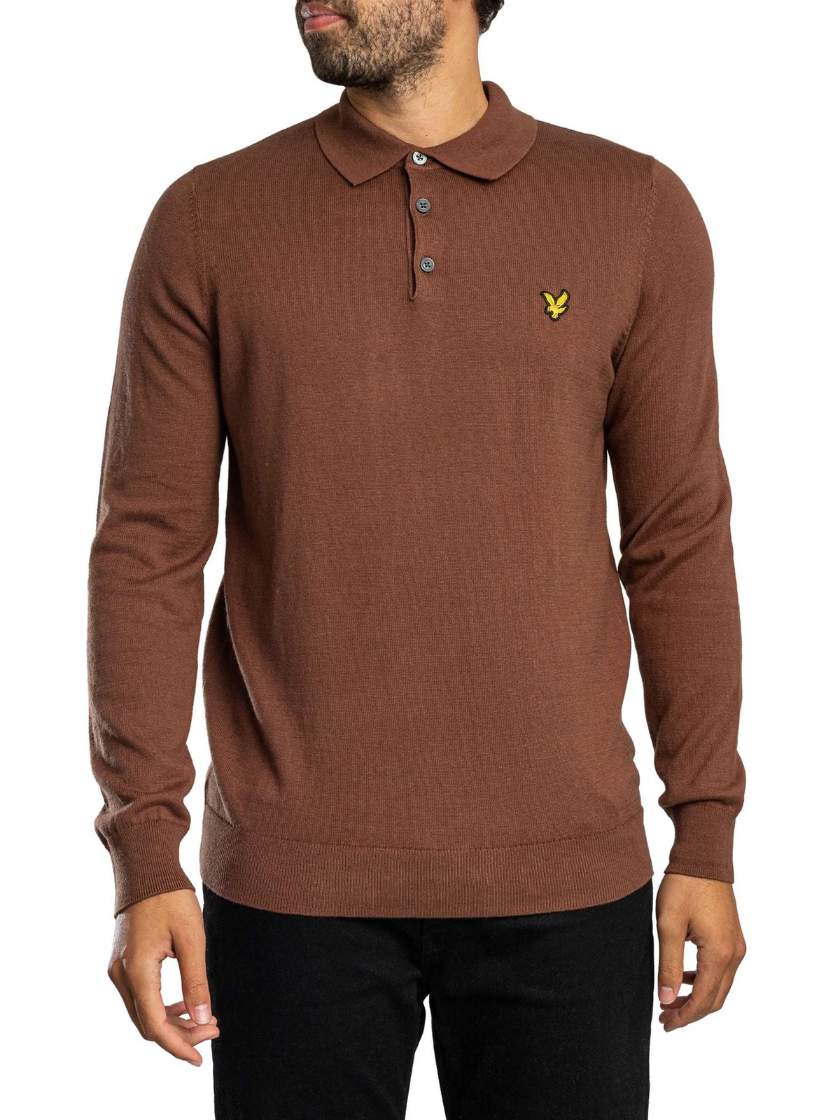 Lyle & Scott Cotton Merino Knit Longsleeved Polo Shirt, Sepia Brown - M