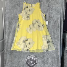 Calvin Klein Women’s  14 Yellow A Line Tea Dress Chiffon Flower Spring Easter