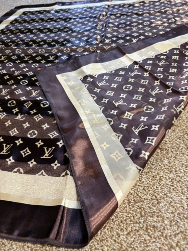 Louis Vuitton Monogram Silk Scarf 39” Brown Stripe Sheer XL LARGE Wrap - Picture 4 of 6