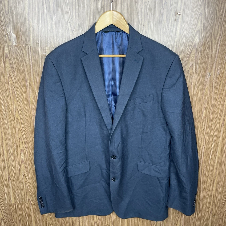 Structure Fitted Blazer Jacket Mens 44L Slim Blue Solid Polyester Double Vented - Image 2 of 4