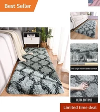 Extra Soft 2x6 Shag Runner Rug - Fluffy Grey & Black with Non-Slip Backing