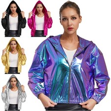 Womens Long Sleeve Hooded Holographic Bomber Jacket Coats Disco Party Raves