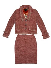 St. John Couture Tweed Skirt Suit Set Sparkle Buttons Frayed Trim Size 2 3