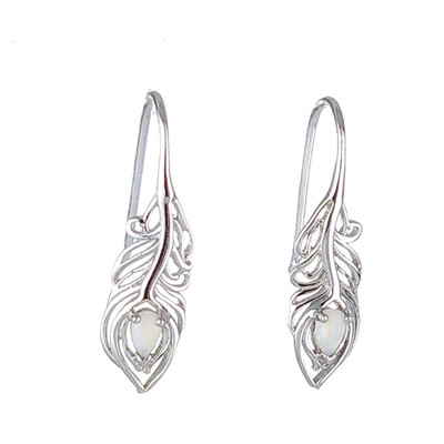 Natürlicher Opal Ohrhänger Sterlingsilber Pfauenfeder weiße Edelsteine Handarbeit