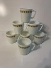 Vintage Set of  7 Pyrex White Glass W/Gold Butterfly Flower ~ Coffee Mug Cups