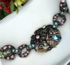 Sweet Romance Necklace Ladybug Flower Crystals Antique Brass Tone 7V