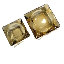  2 Vintage Anchor Hocking Amber Square Glass Ashtrays 4 Pt Star 4.75"-3.5" GUC 